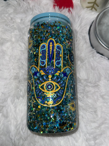 Evil Eye Snow Globe Glass Can W/ Acrylic Lid and Straw!