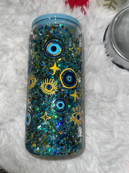 Evil Eye Snow Globe Glass Can W/ Acrylic Lid and Straw!