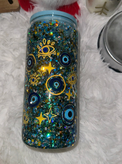 Evil Eye Snow Globe Glass Can W/ Acrylic Lid and Straw!