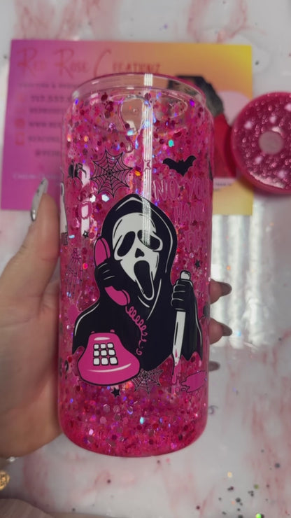 Pink ghost face snow globe glass can