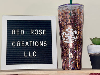 Rose Gold Cheetah Starbucks SnowGlobe Tumbler W/ Studded Lid / bling lid / rhinestones/ rose gold/ Cheetah Print/ Custom / 24oz Tumbler